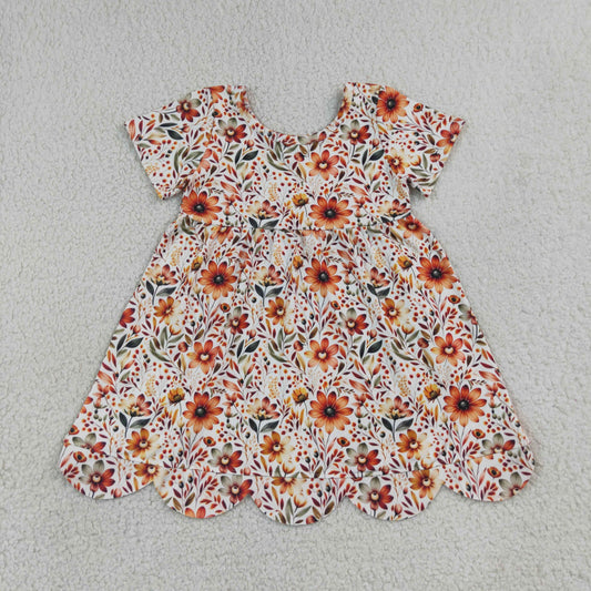 NEW RTS NO MOQ milk silk GSD4155 Baby Girls Sunflower Print Scallop Trim Fall Knee Length Dresses