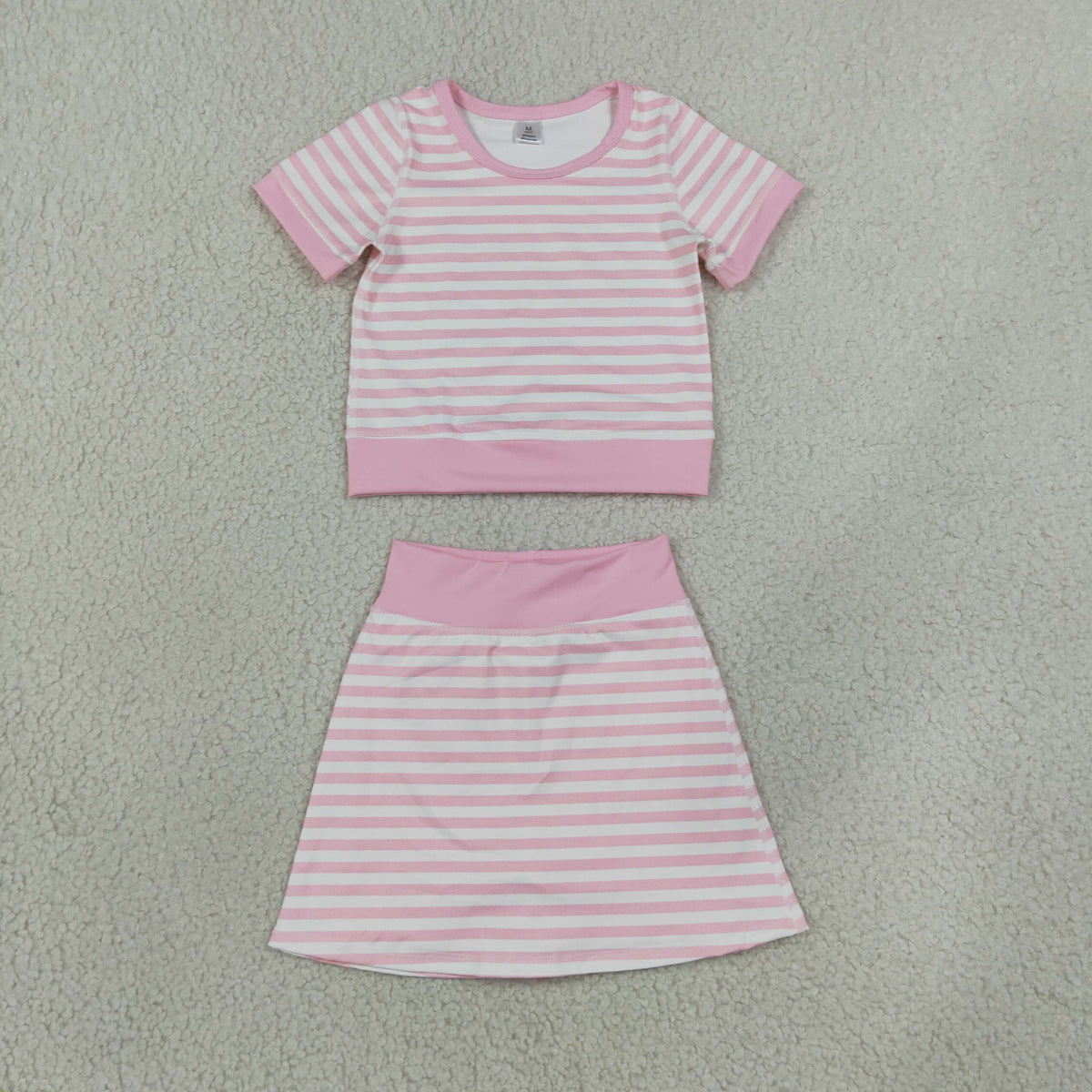 RTS NO MOQ Sibling yoga Baby Girls Pink Blue Stripe Short Sleeve Shirts Skirt Short Yoga Active Clothes Sets