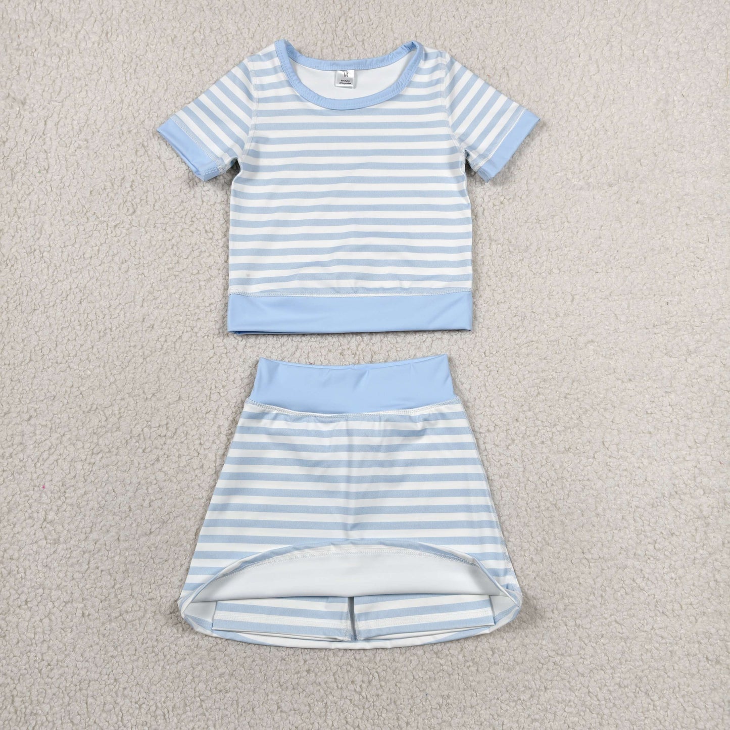 RTS NO MOQ milk silk GSD4162 Baby Girls Light Blue Stripe Top Skirt Shorts Yoga Active Clothes Sets