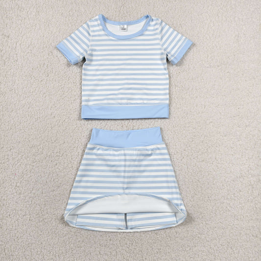 RTS NO MOQ milk silk GSD4162 Baby Girls Light Blue Stripe Top Skirt Shorts Yoga Active Clothes Sets