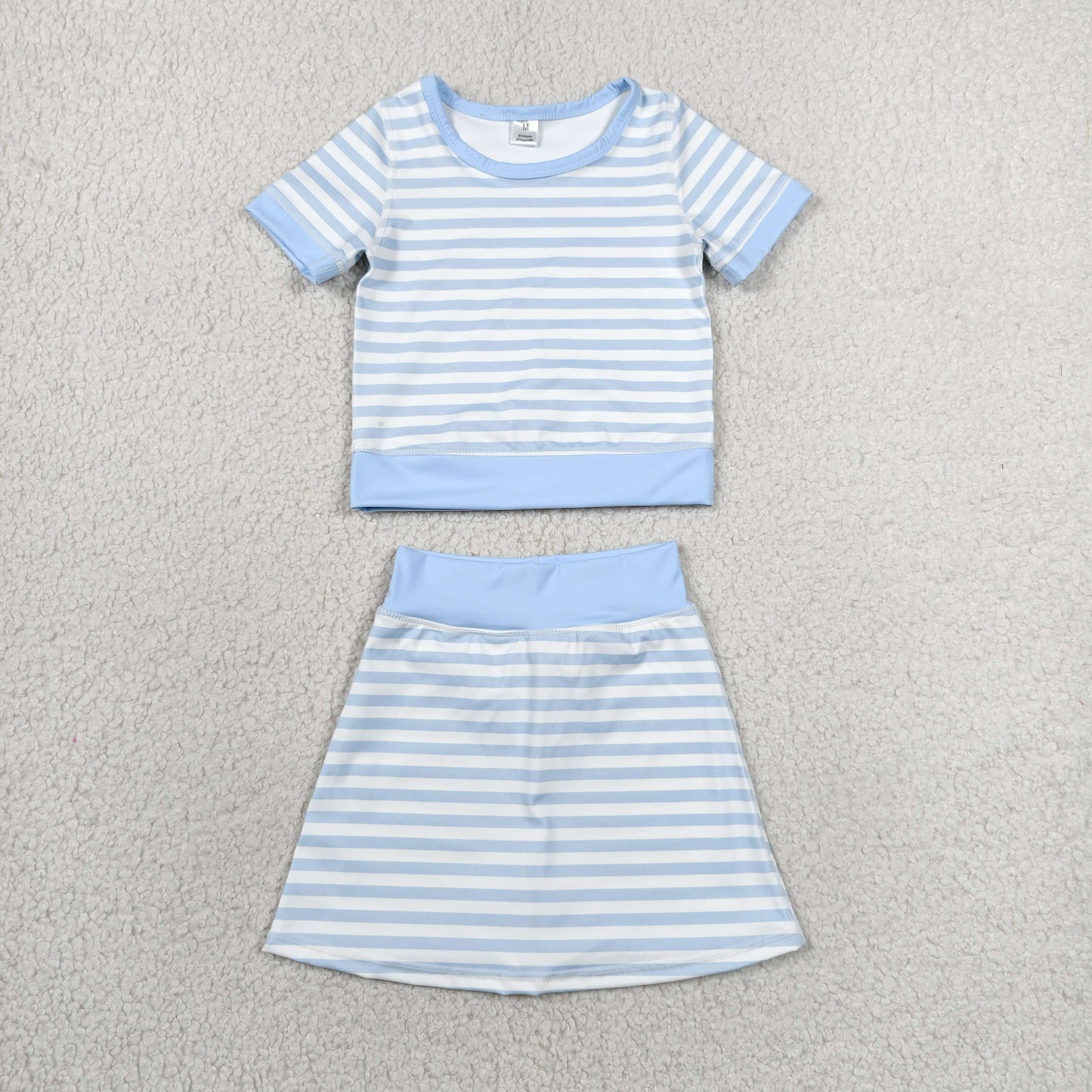RTS NO MOQ milk silk GSD4162 Baby Girls Light Blue Stripe Top Skirt Shorts Yoga Active Clothes Sets