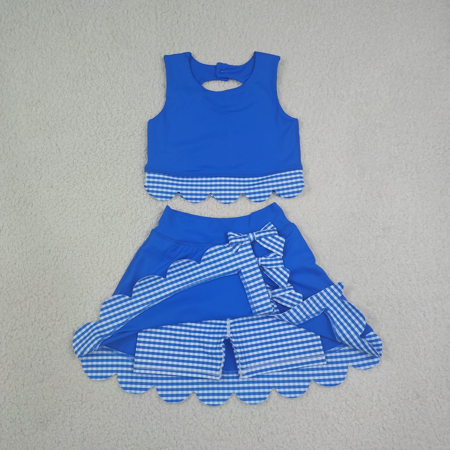 NEW RTS NO MOQ yoga fabric GSD4177 Baby Girls Summer Sleeveless Blue Vest Scallop Skirt Yoga Active Set