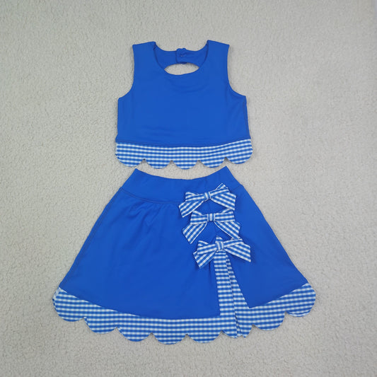NEW RTS NO MOQ yoga fabric GSD4177 Baby Girls Summer Sleeveless Blue Vest Scallop Skirt Yoga Active Set