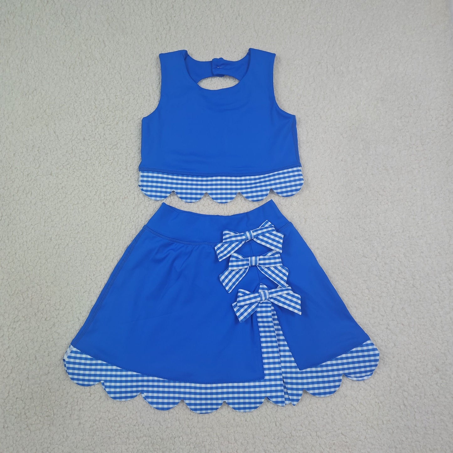 RTS NO MOQ Sibling yoga Baby Girls Solid Vest Bows Skirt Short Yoga Active Scallop Clothes Set