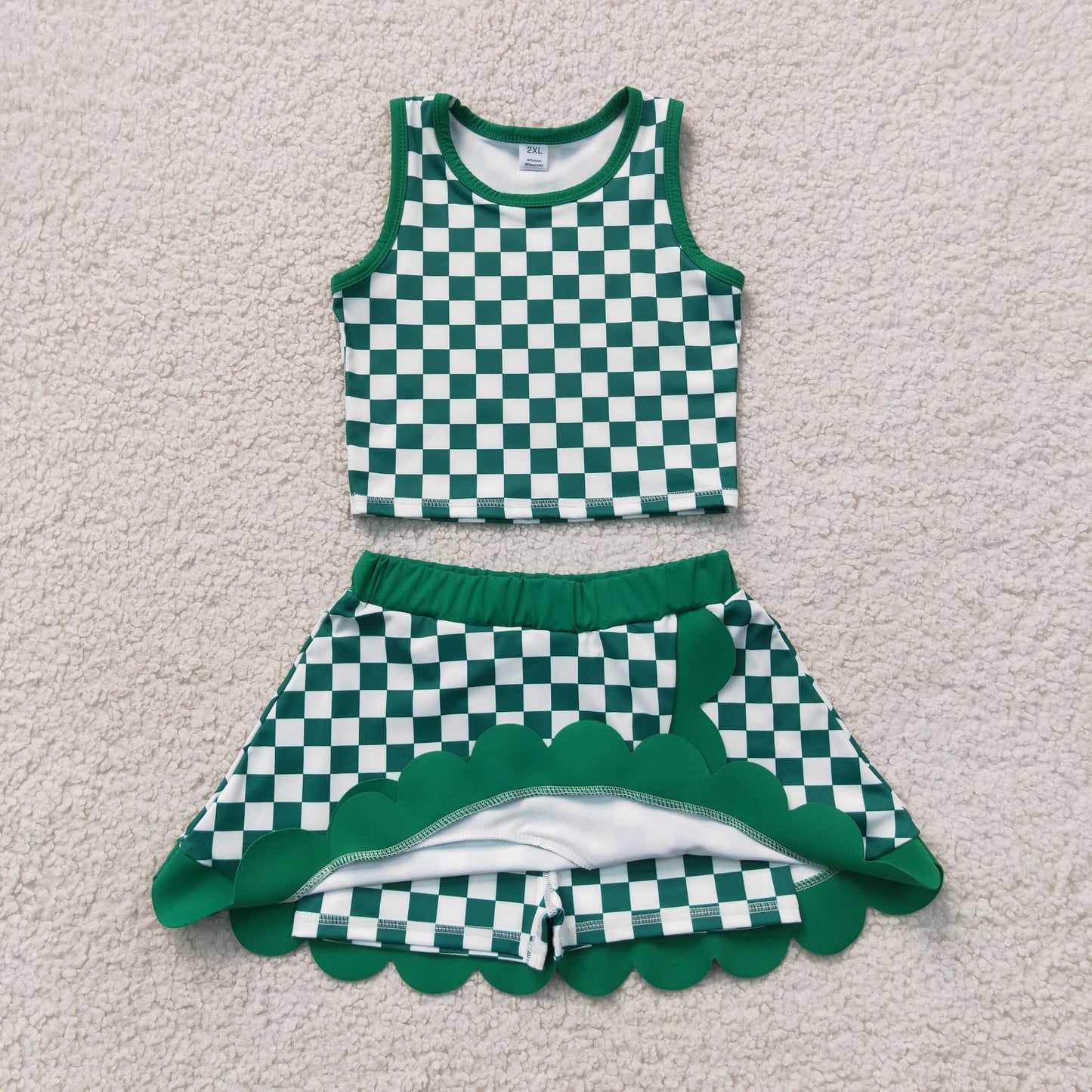 NEW RTS NO MOQ yoga fabric GSD4178 Baby Girls Green Checked Vest Top Scallop Skirt Short Yoga Active Set