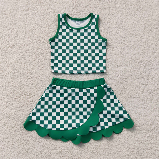 NEW RTS NO MOQ yoga fabric GSD4178 Baby Girls Green Checked Vest Top Scallop Skirt Short Yoga Active Set