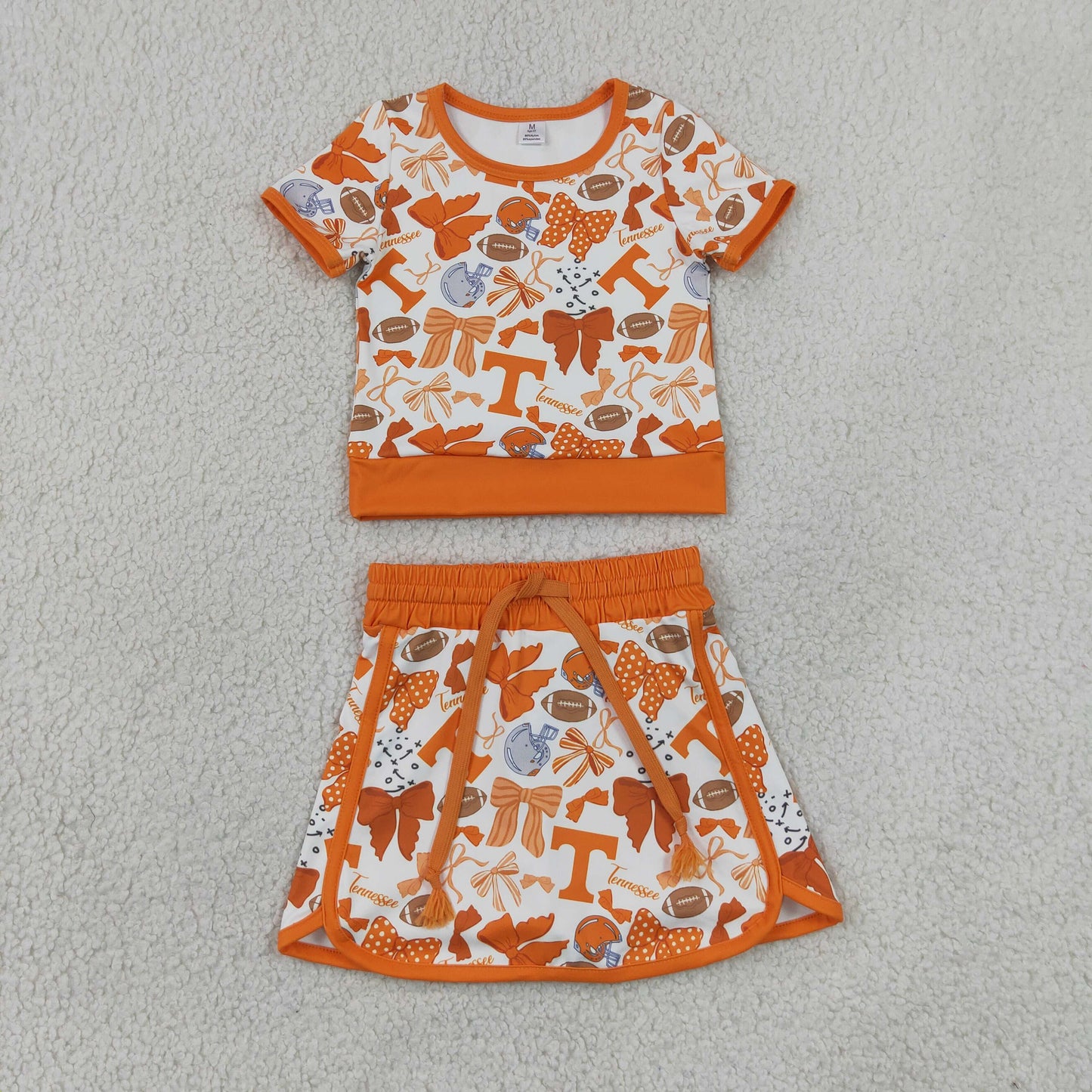 RTS NO MOQ Yoga GSD4181 Baby Girls Orange Bows Footballs T Top Skirt Shorts Team Yoga Active Clothes Sets