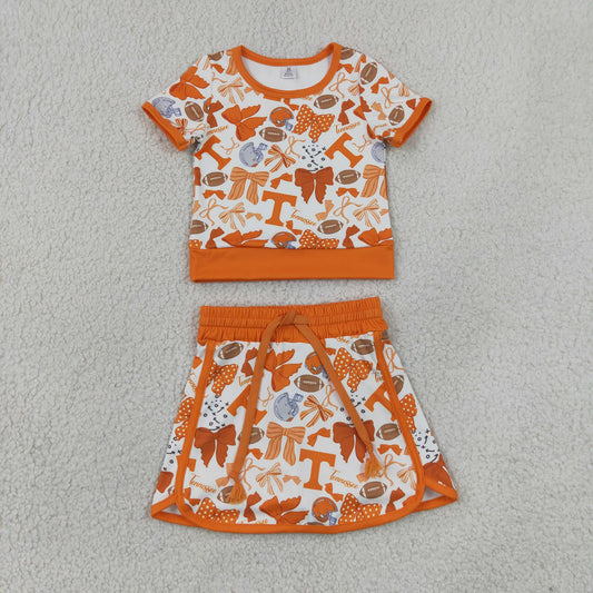 RTS NO MOQ Yoga GSD4181 Baby Girls Orange Bows Footballs T Top Skirt Shorts Team Yoga Active Clothes Sets