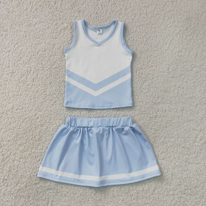 RTS NO MOQ yoga fabric GSD4188 Baby Girls Light Blue Stripe Vest Skort Team Active Yoga Outfit