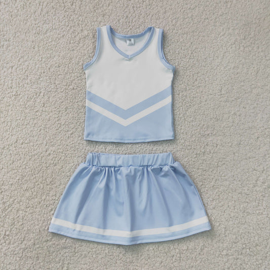 RTS NO MOQ yoga fabric GSD4188 Baby Girls Light Blue Stripe Vest Skort Team Active Yoga Outfit