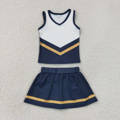 RTS NO MOQ yoga fabric GSD4189 Baby Girls Navy Gold Stripe Vest Skort Team Active Outfit