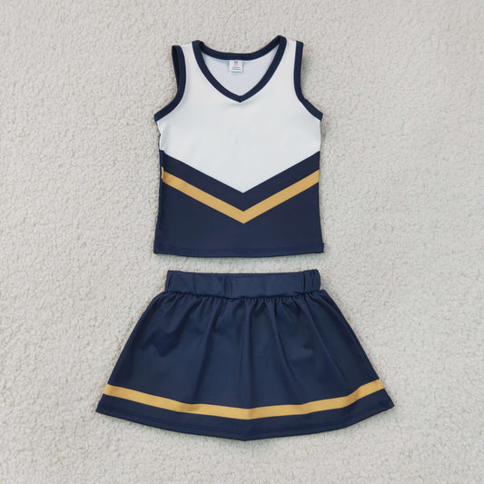 RTS NO MOQ yoga fabric GSD4189 Baby Girls Navy Gold Stripe Vest Skort Team Active Outfit