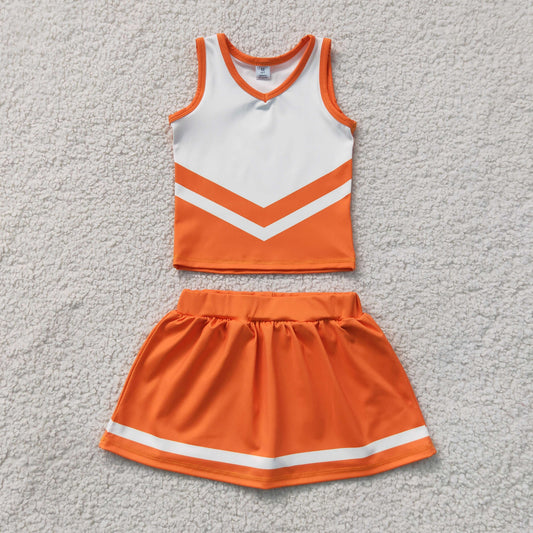 NEW RTS NO MOQ yoga fabric GSD4199 Baby Girls Orange White Stripe Vest Skirt Shorts Team Yoga Active Clothes Sets