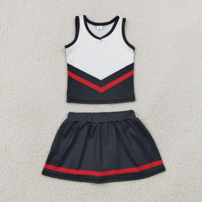 NEW RTS NO MOQ yoga fabric GSD4200 Baby Girls Black Red Stripe Team Vest Top Skirt Shorts Yoga Outfit