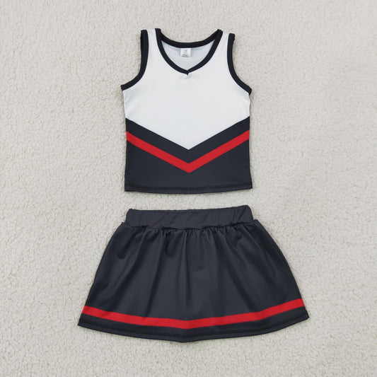 NEW RTS NO MOQ yoga fabric GSD4200 Baby Girls Black Red Stripe Team Vest Top Skirt Shorts Yoga Outfit