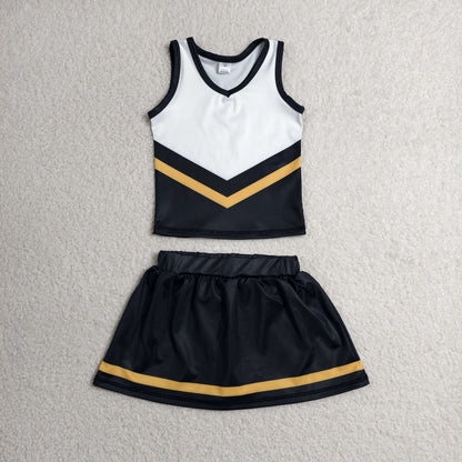 RTS NO MOQ Yoga GSD4201 Baby Girls Black Gold Stripe Vest Top Skirt Shorts Team Yoga Active Clothes Sets