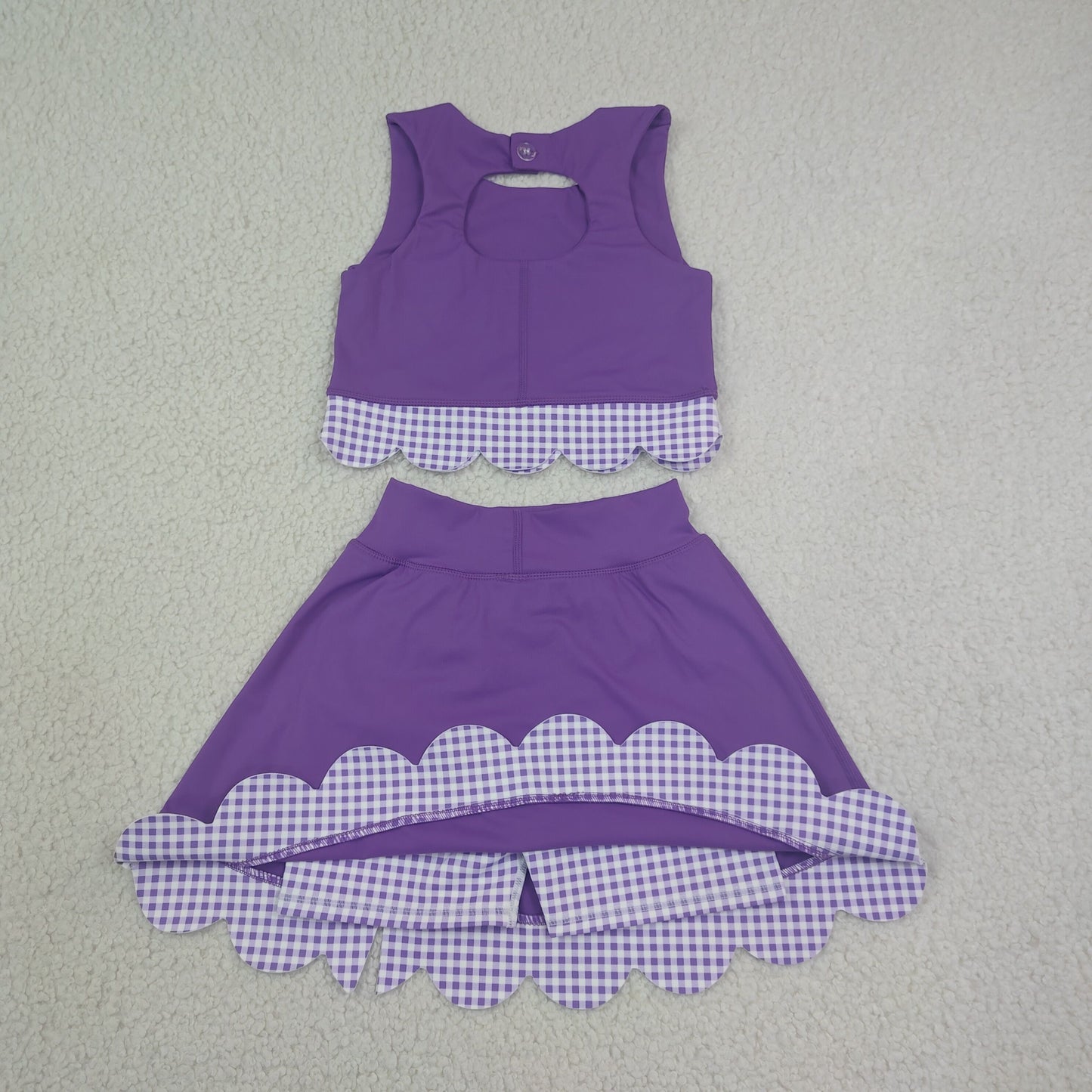 NEW RTS NO MOQ yoga fabric GSD4225 Baby Girls Purple Sleeveless Vest Bows Scallop Skirt Shorts Yoga Active Set