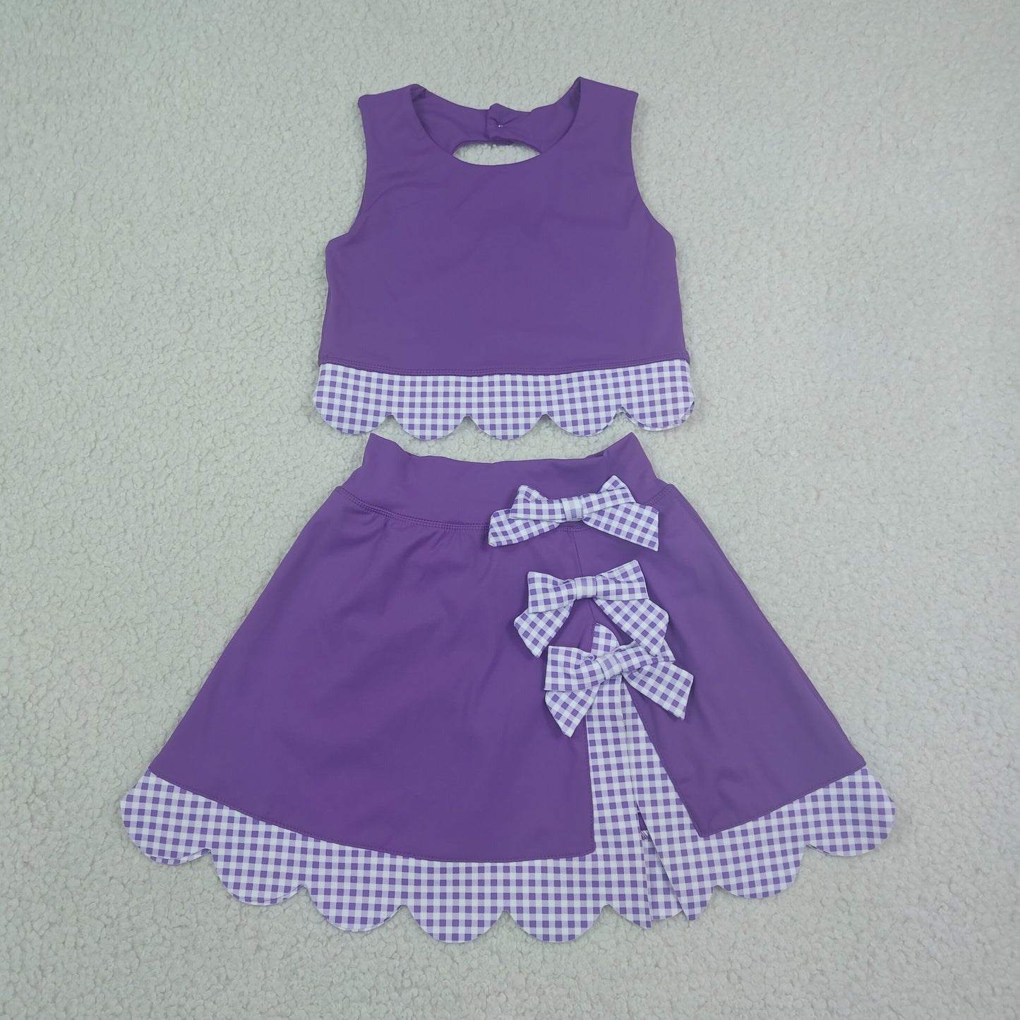 RTS NO MOQ Sibling yoga Baby Girls Solid Vest Bows Skirt Short Yoga Active Scallop Clothes Set
