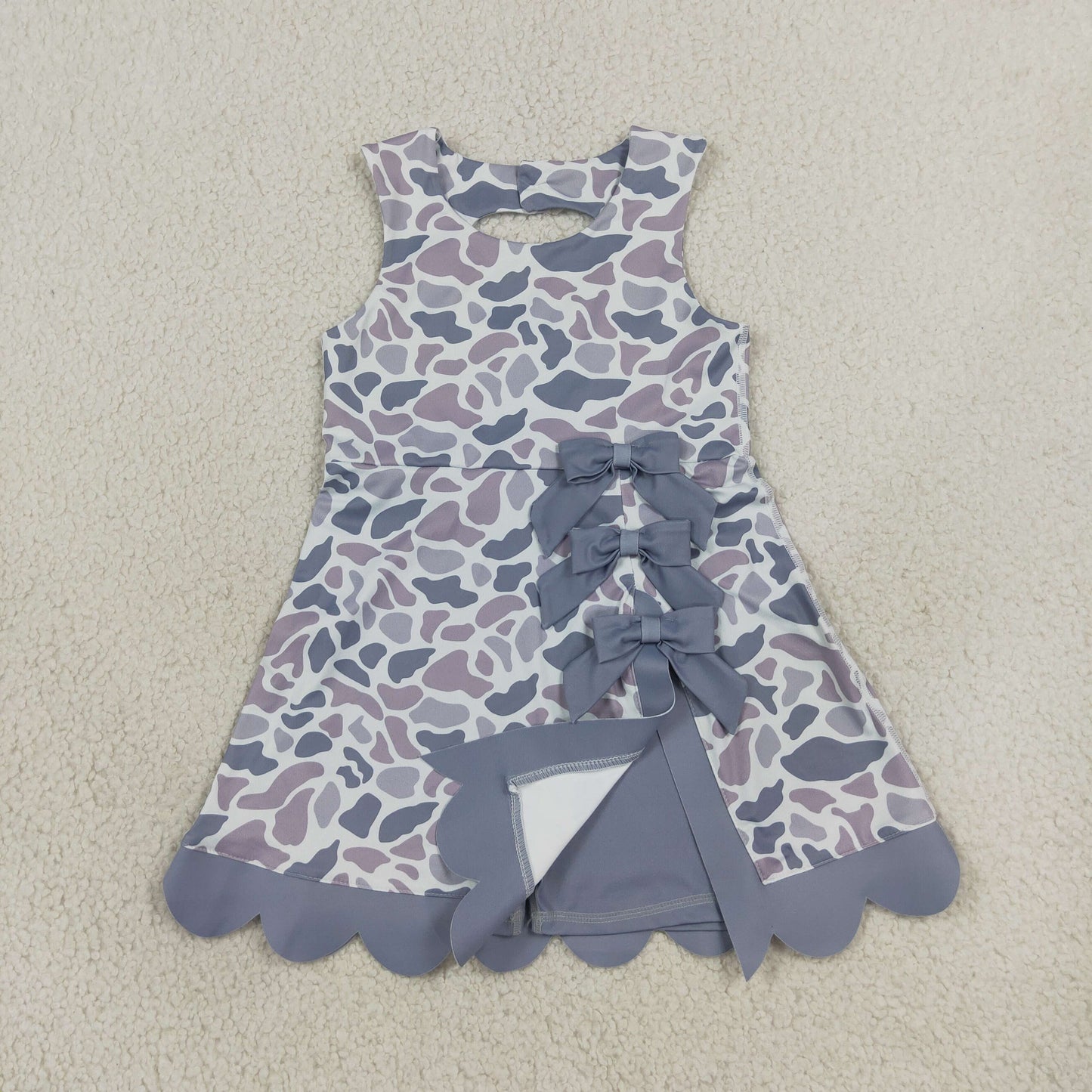 NEW RTS NO MOQ yoga fabric GSD4226 Baby Girls Light Gray Camo Scallop Knee Length Dress