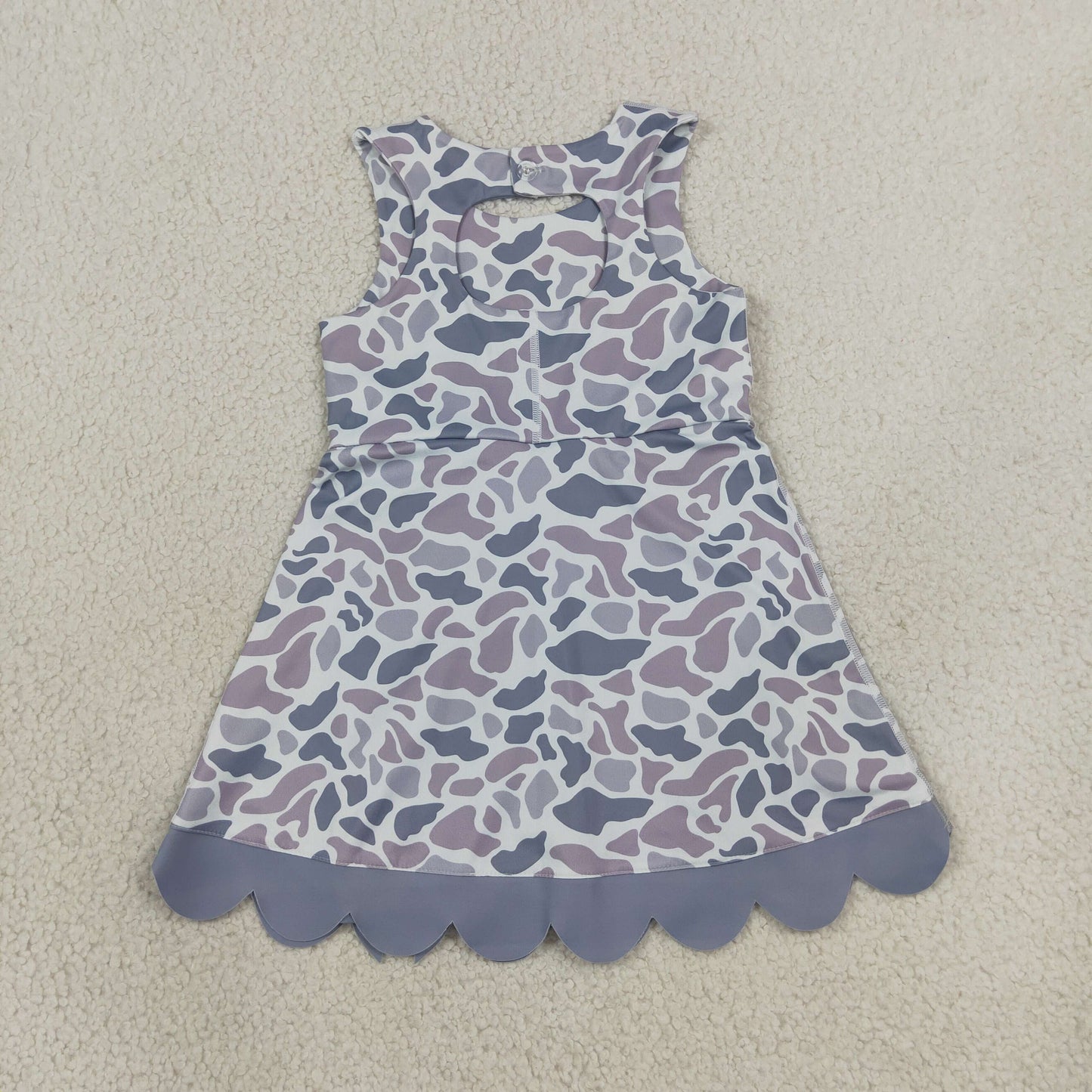 NEW RTS NO MOQ yoga fabric GSD4226 Baby Girls Light Gray Camo Scallop Knee Length Dress