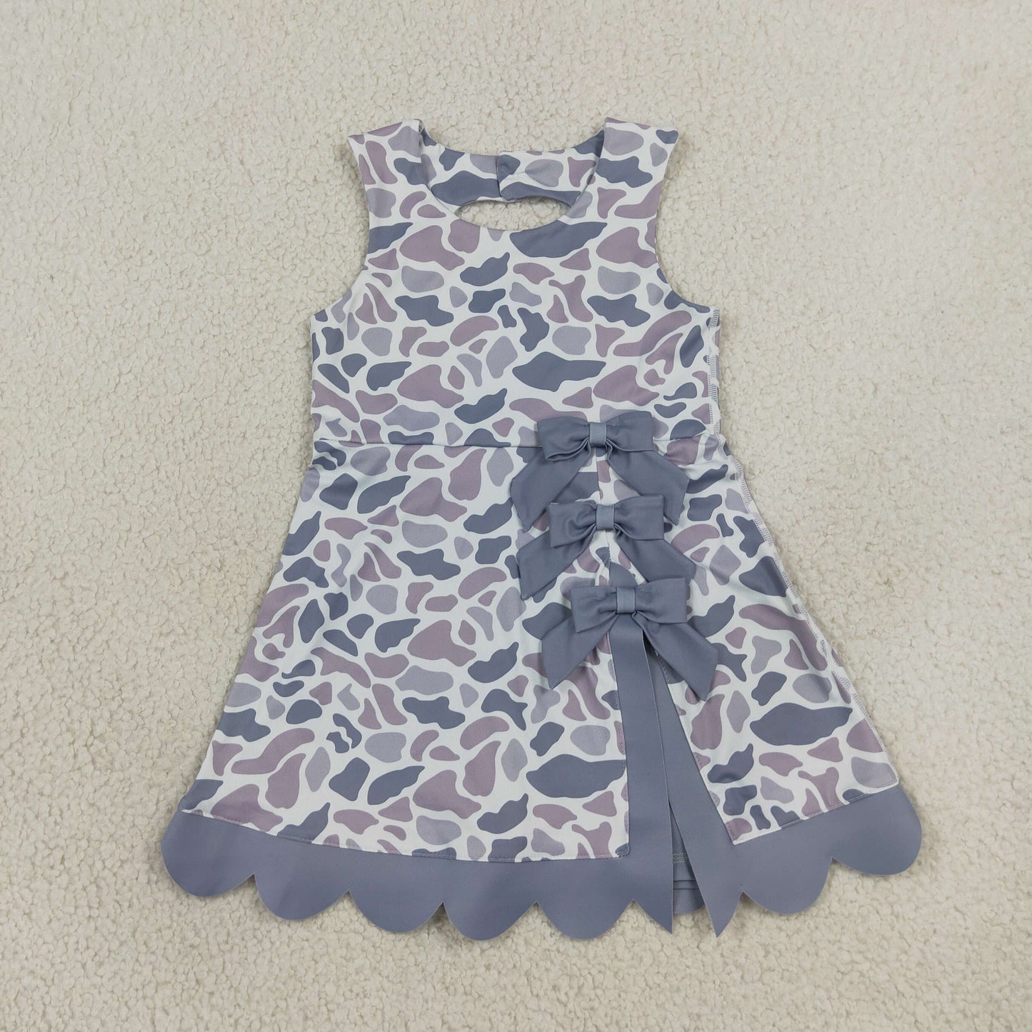 NEW RTS NO MOQ yoga fabric GSD4226 Baby Girls Light Gray Camo Scallop Knee Length Dress