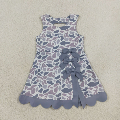 RTS NO MOQ Sibling yoga fabric Baby Girls Camo Sleeveless Dress Back Bow Scallop Hem Casual Summer Dress