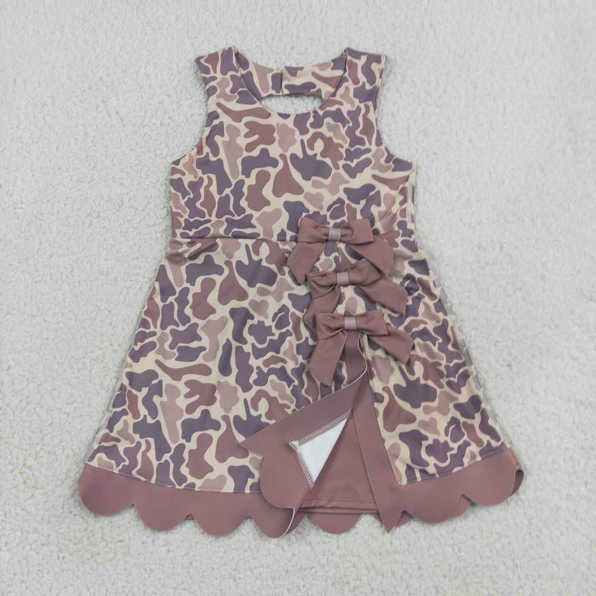 NEW RTS NO MOQ yoga fabric GSD4227 Baby Girls Sleeveless Khaki Camo Yoga Active Short Scallop Bows Knee Length Dress