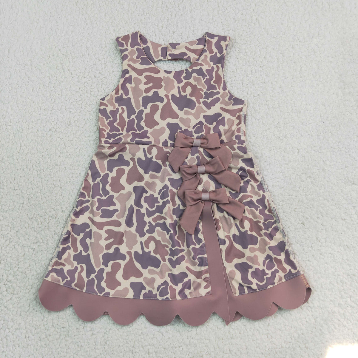 NEW RTS NO MOQ yoga fabric GSD4227 Baby Girls Sleeveless Khaki Camo Yoga Active Short Scallop Bows Knee Length Dress