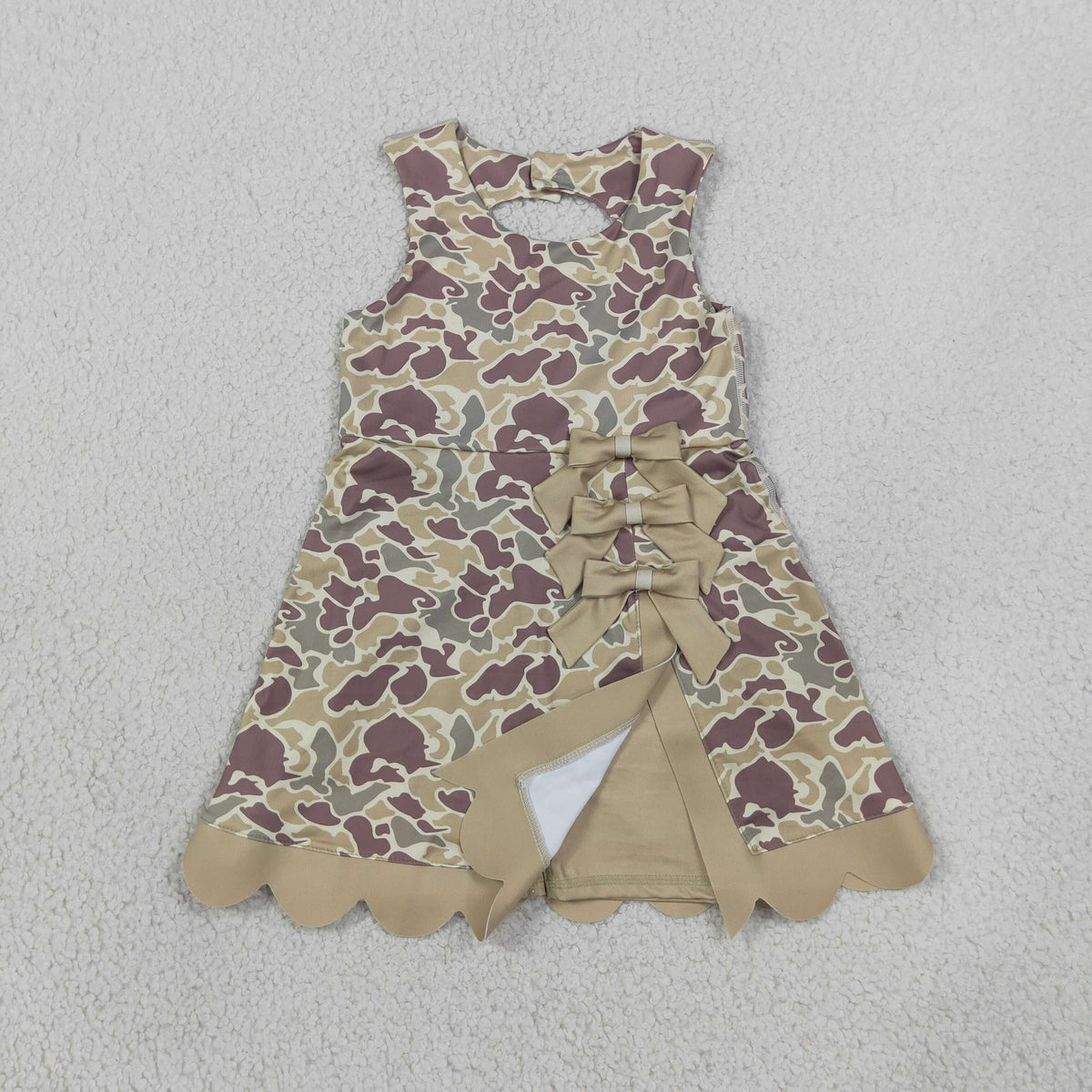 NEW RTS NO MOQ yoga fabric GSD4228 Baby Girls Southern Khaki Camo Yoga Active Short Scallop Bows Knee Length Dress