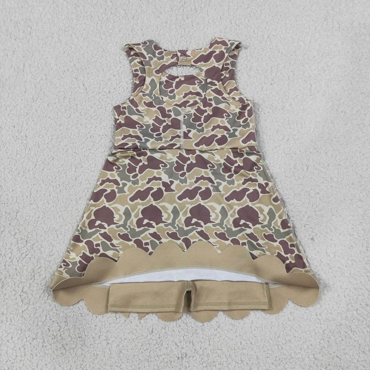 NEW RTS NO MOQ yoga fabric GSD4228 Baby Girls Southern Khaki Camo Yoga Active Short Scallop Bows Knee Length Dress