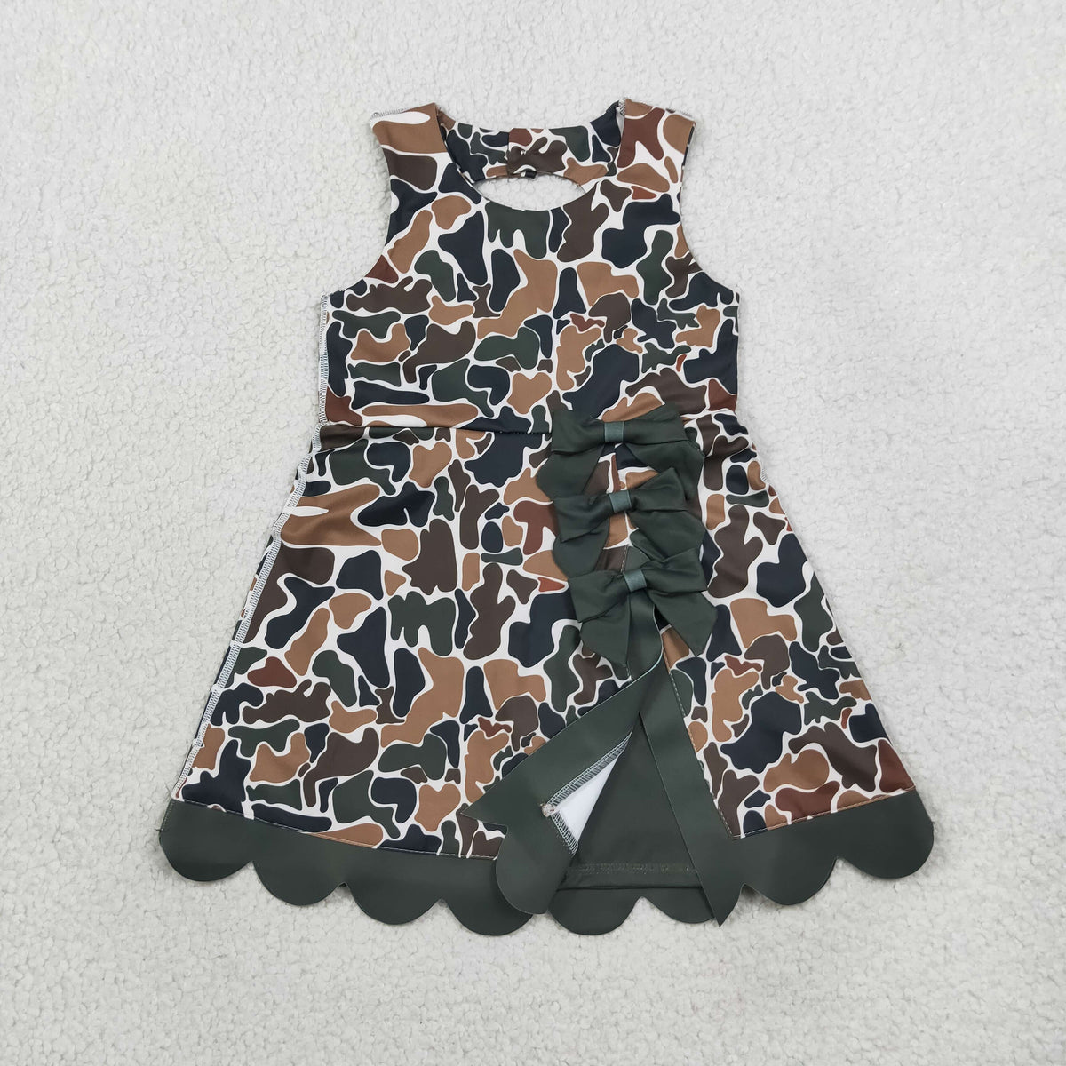 NEW RTS NO MOQ yoga fabric GSD4229 Baby Girls Dark Brown Camo Yoga Active Short Bows Scallop Knee Length Dress