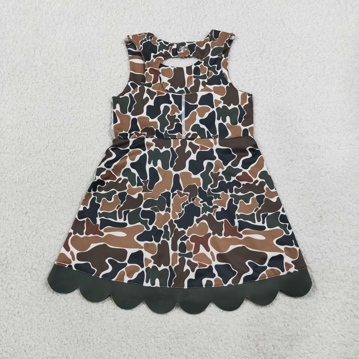 NEW RTS NO MOQ yoga fabric GSD4229 Baby Girls Dark Brown Camo Yoga Active Short Bows Scallop Knee Length Dress
