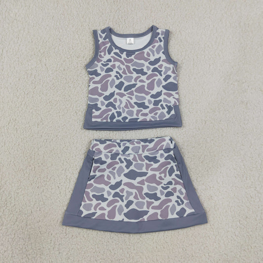 NEW RTS NO MOQ  yoga fabric GSD4230 Baby Girls Light Gray Camo Vest Cute Short Skort Yoga Sets
