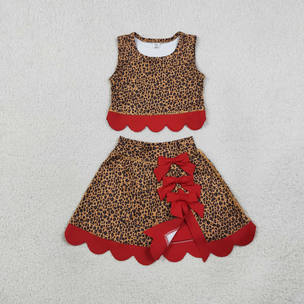 NEW RTS NO MOQ Yoga GSD4234 Baby Girls Leopard Vest Bows Skirt Short Yoga Active Scallop Clothes Set