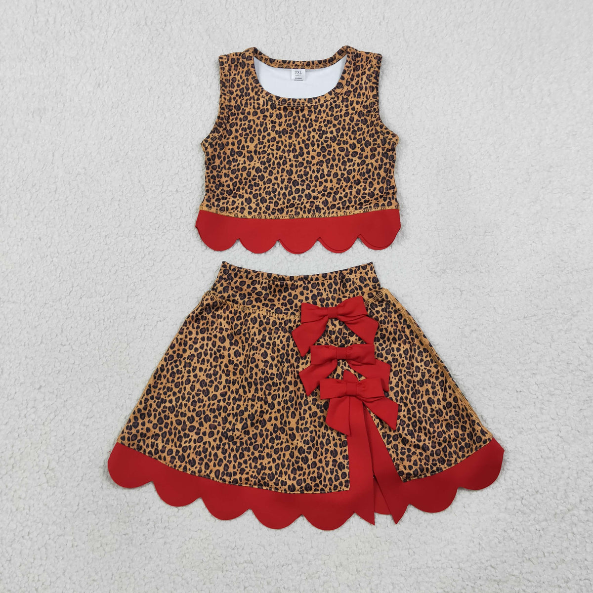 NEW RTS NO MOQ Yoga GSD4234 Baby Girls Leopard Vest Bows Skirt Short Yoga Active Scallop Clothes Set