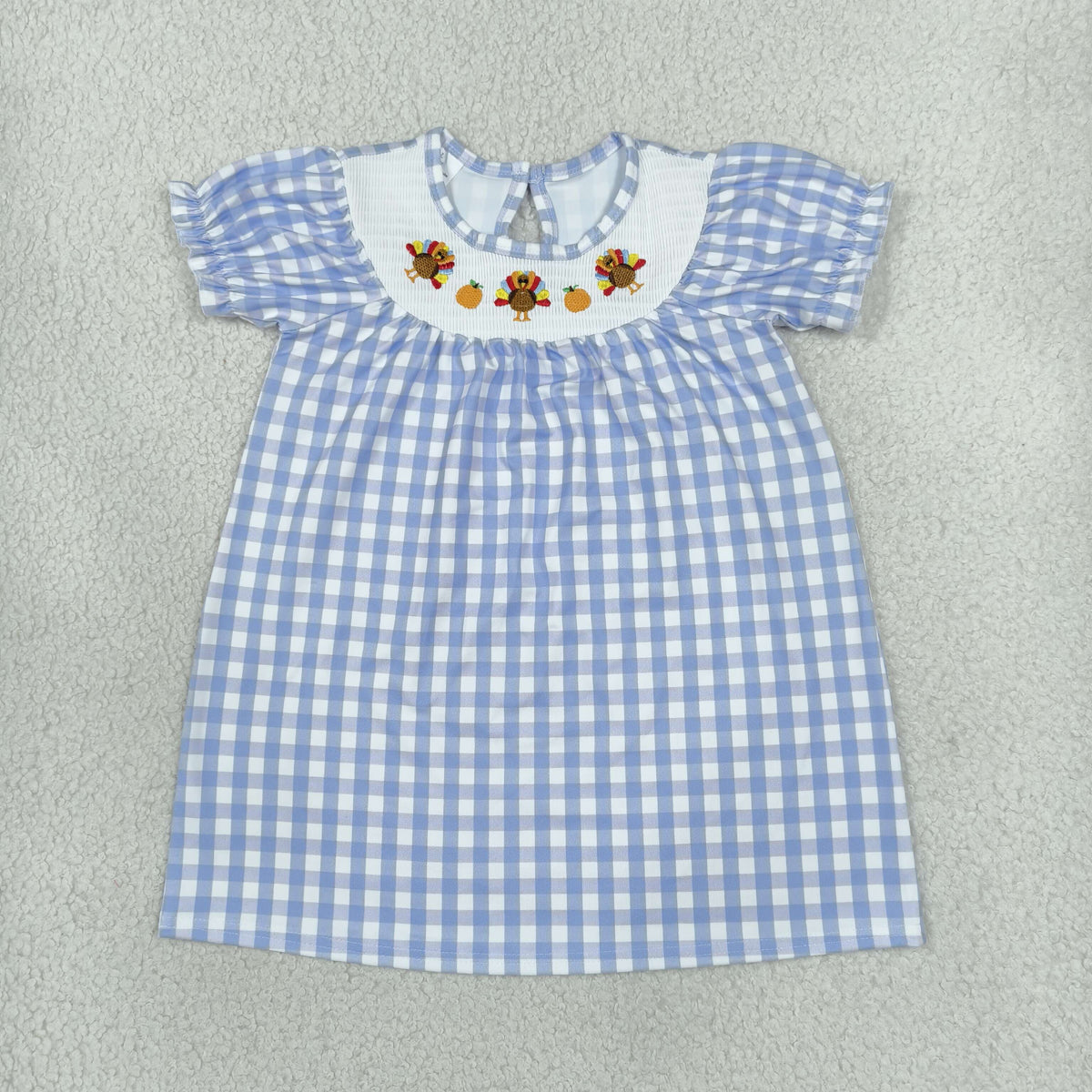 NEW RTS NO MOQ milk silk GSD4250 Smocked Turkey Baby Girls Blue Checked Thanksgiving Knee Length Dress