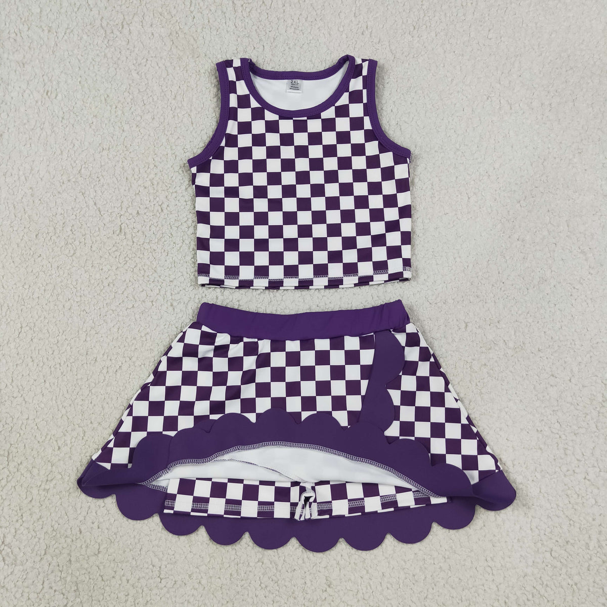 RTS NO MOQ yoga GSD4251 Baby Girls Purple Checked Vest Scallop Skirt Short Yoga Active Clothes Set