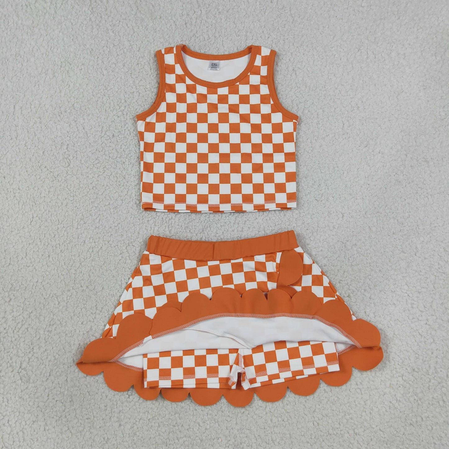 NEW RTS NO MOQ yoga fabric GSD4252 Baby Girls Orange Check Scallop Edge Vest Skort Active Clothes Set