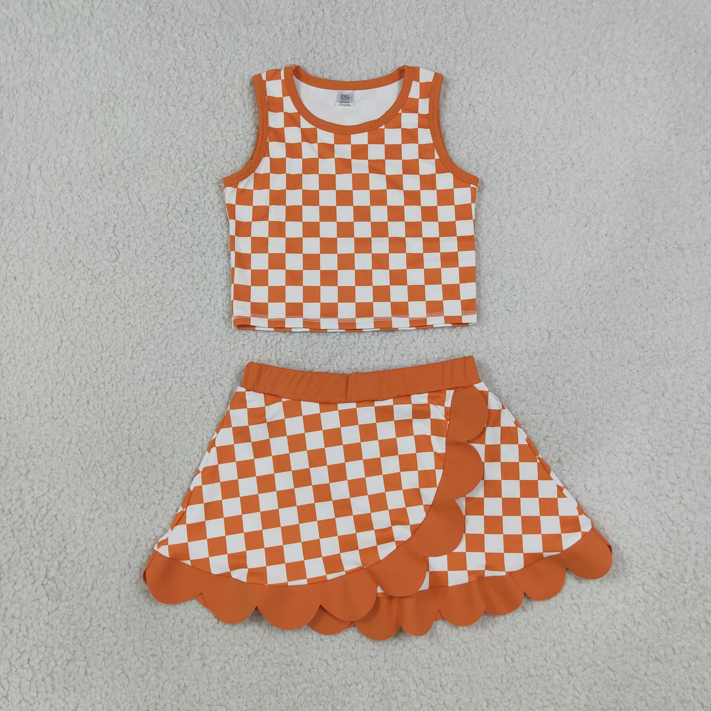 RTS NO MOQ Sibling milk silk Sibling Baby Girls Colorful Checked Vests Scallop Skirt Short Yoga Active Clothes Sets