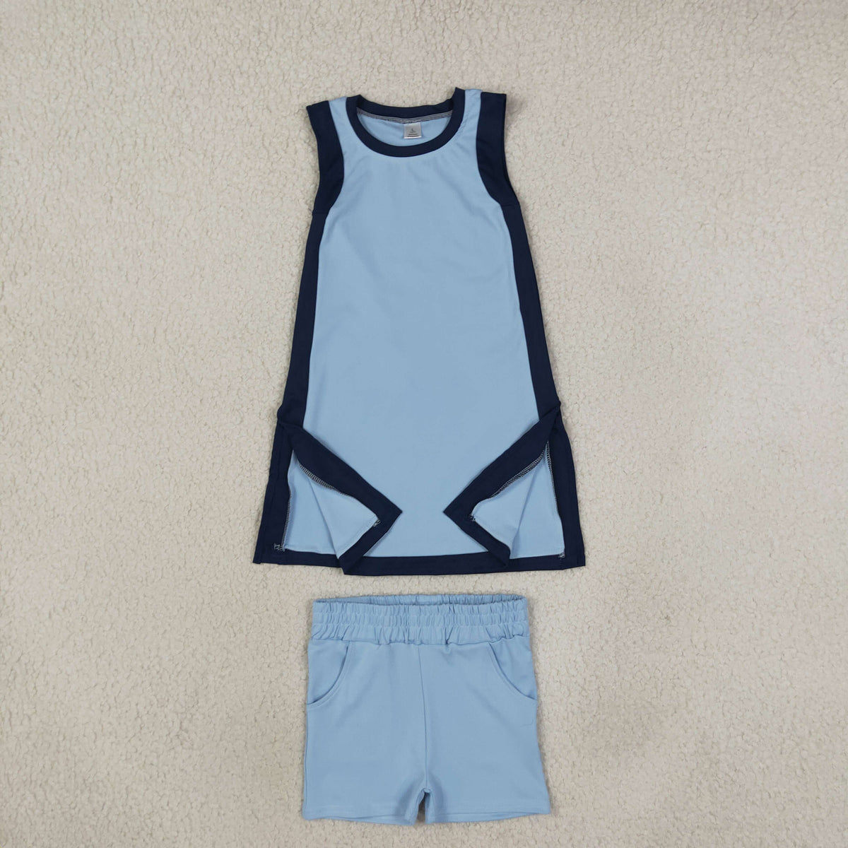 NEW RTS NO MOQ yoga fabric cotton GSSO3847（GSD4256+SS0961）Yoga Separate Shorts Baby Girls Light Blue Sleeveless Top Split Hem Short Yoga Skirt Active Clothes Set