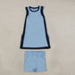 NEW RTS NO MOQ yoga fabric cotton GSSO3847（GSD4256+SS0961）Yoga Separate Shorts Baby Girls Light Blue Sleeveless Top Split Hem Short Yoga Skirt Active Clothes Set