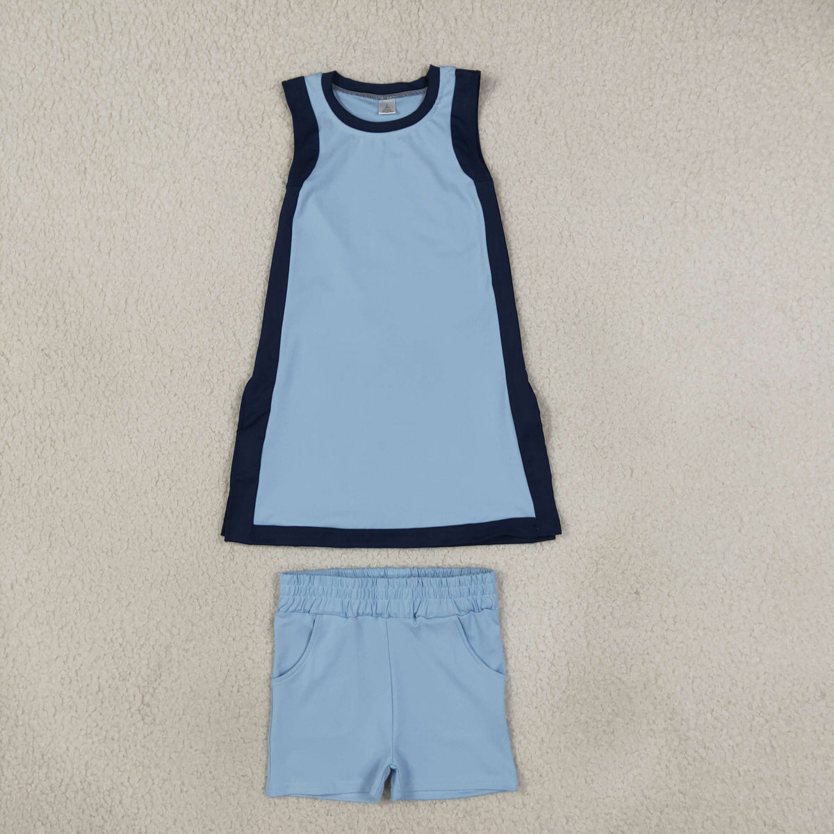 NEW RTS NO MOQ yoga fabric cotton GSSO3847（GSD4256+SS0961）Yoga Separate Shorts Baby Girls Light Blue Sleeveless Top Split Hem Short Yoga Skirt Active Clothes Set