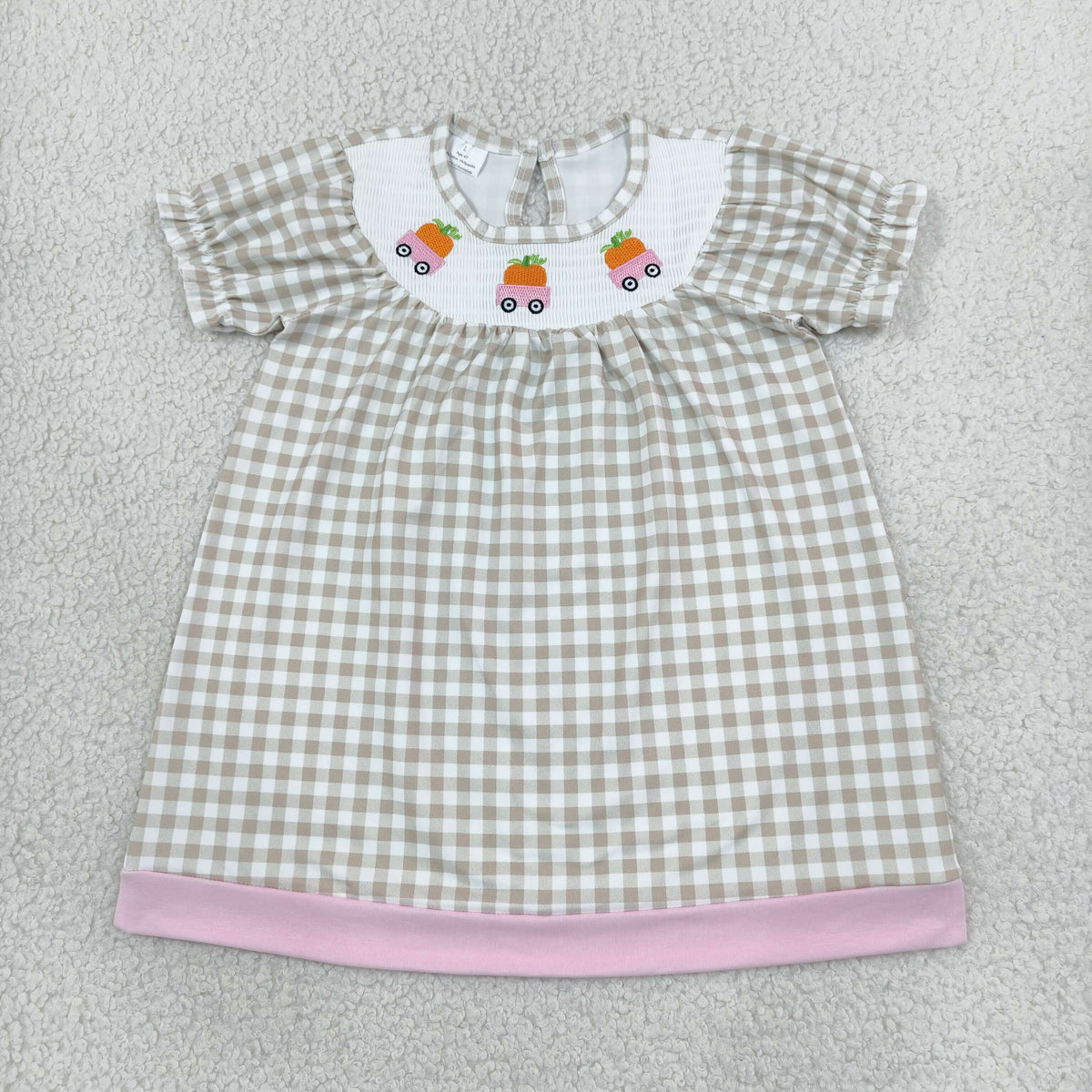 NEW RTS NO MOQ milk silk GSD4258 Smocked Pumpkins Trucks Baby Girls Khaki Checked Fall Knee Length Dresses