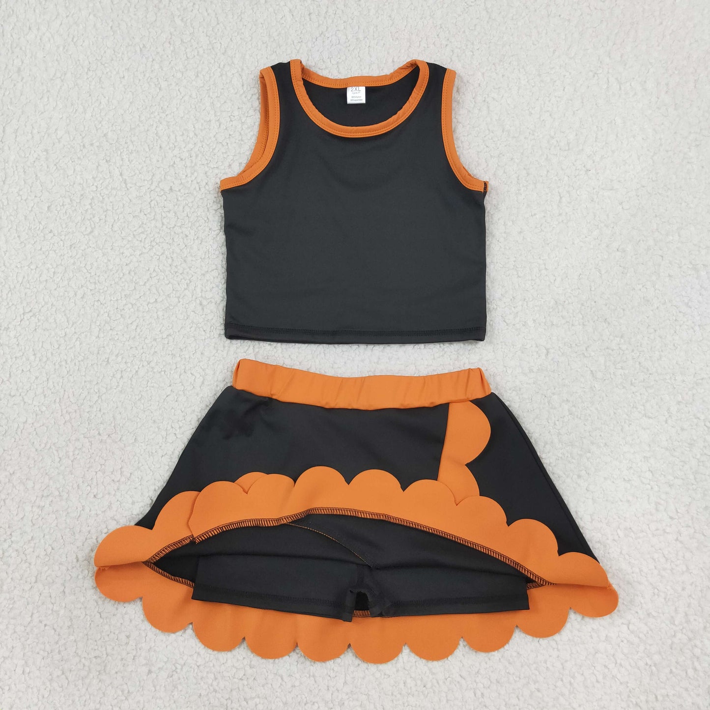 NEW RTS NO MOQ yoga fabric cotton GSD4259 Baby Girls Orange Black Vest Scallop Skirt Short Yoga Active Clothes Set