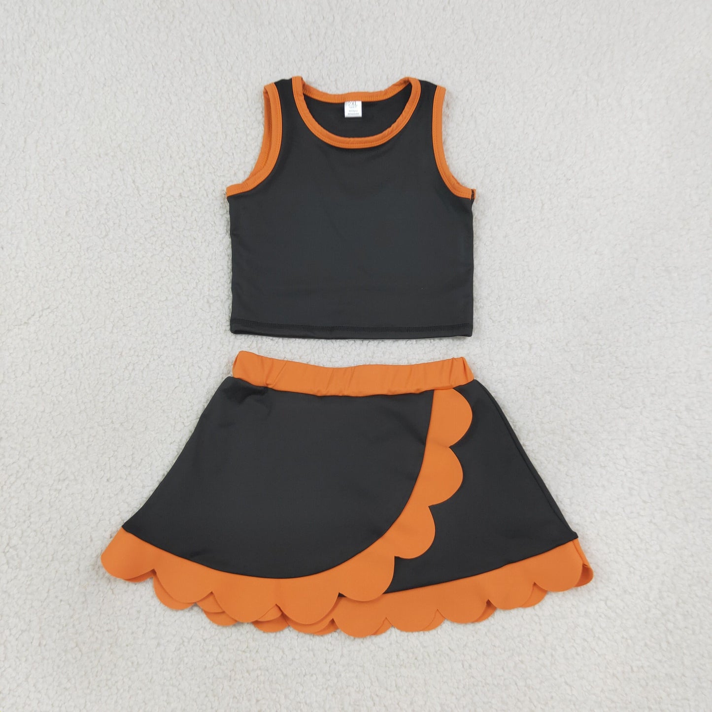 NEW RTS NO MOQ yoga fabric cotton GSD4259 Baby Girls Orange Black Vest Scallop Skirt Short Yoga Active Clothes Set