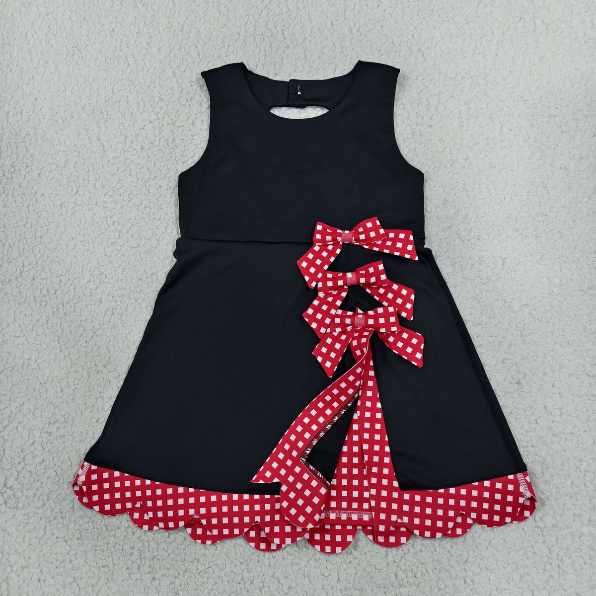 NEW RTS NO MOQ yoga fabric GSD4263 Baby Girls Black Red Yoga Active Short Bows Scallop Knee Length Dress