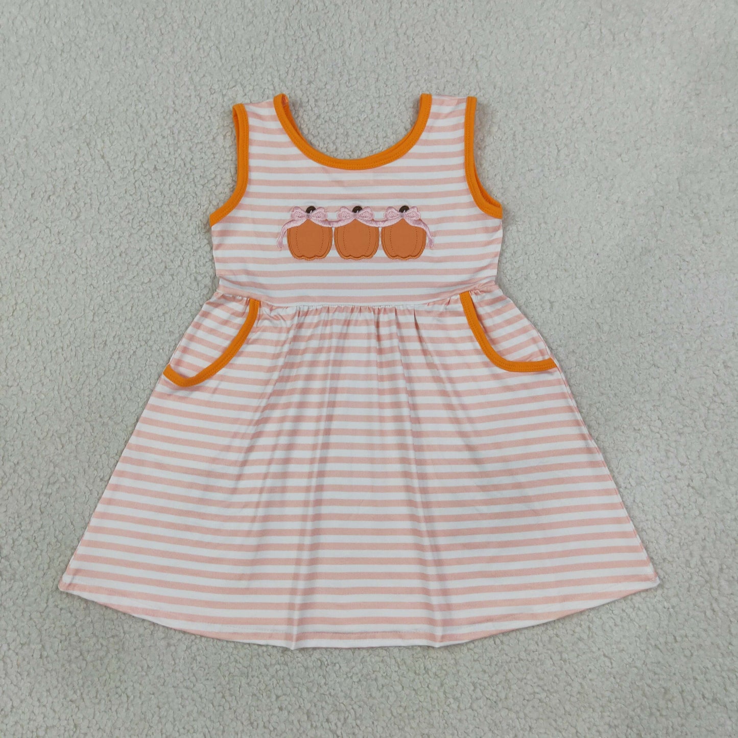 NEW RTS NO MOQ milk silk GSD4265 Embroidery Bow Pumpkins Baby Girls Pink Stripe Pockets Fall Knee Length Dress
