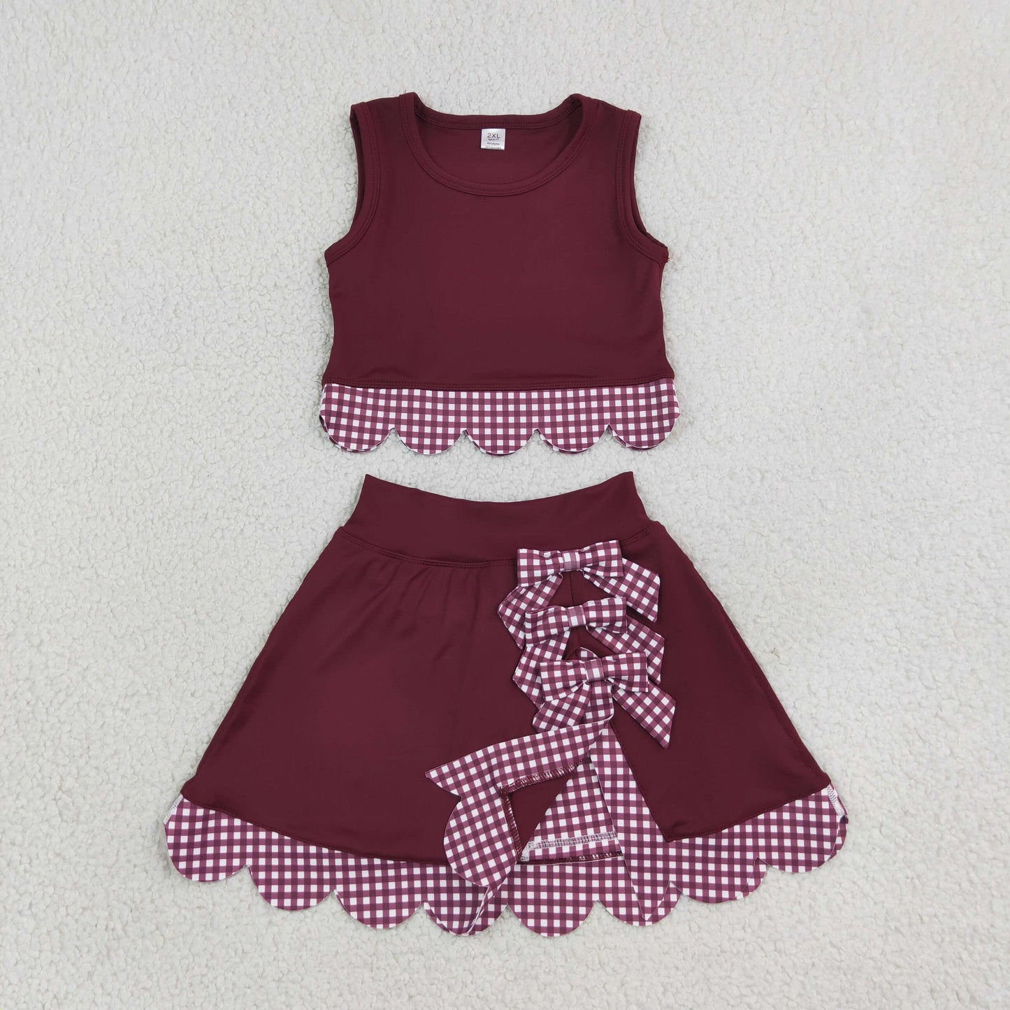 NEW RTS NO MOQ Yoga GSD4266 Baby Girls Maroon Vests Bows Skirt Short Yoga Active Scallop Clothes Set