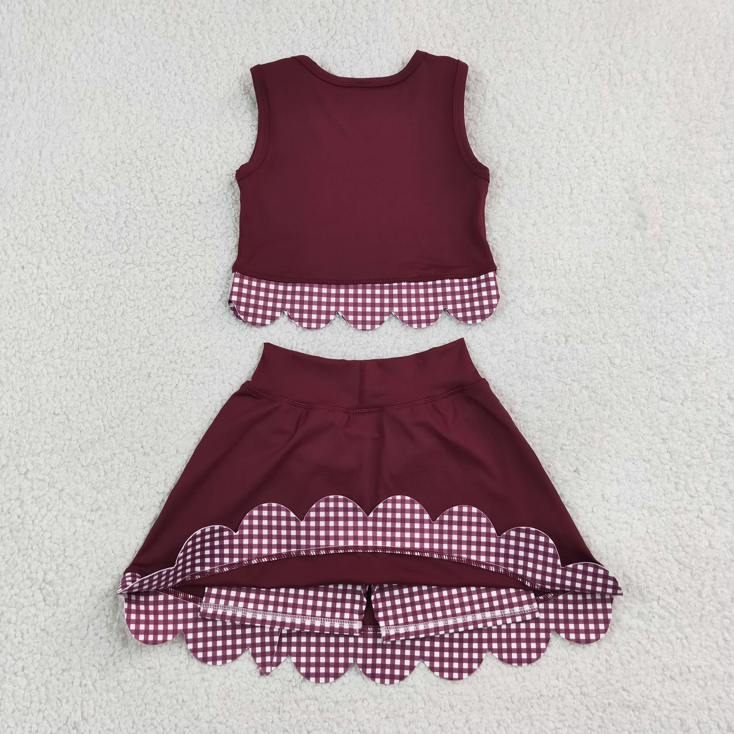 NEW RTS NO MOQ Yoga GSD4266 Baby Girls Maroon Vests Bows Skirt Short Yoga Active Scallop Clothes Set