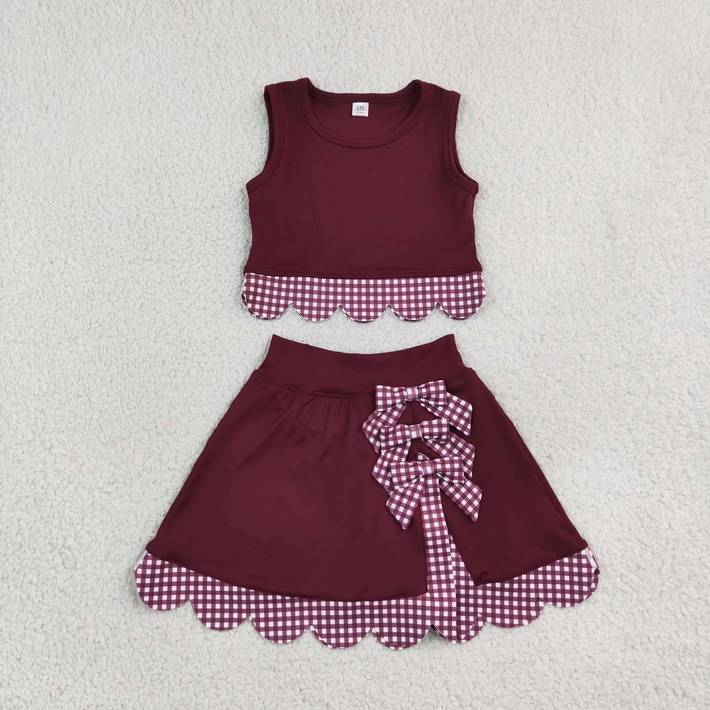NEW RTS NO MOQ Yoga GSD4266 Baby Girls Maroon Vests Bows Skirt Short Yoga Active Scallop Clothes Set